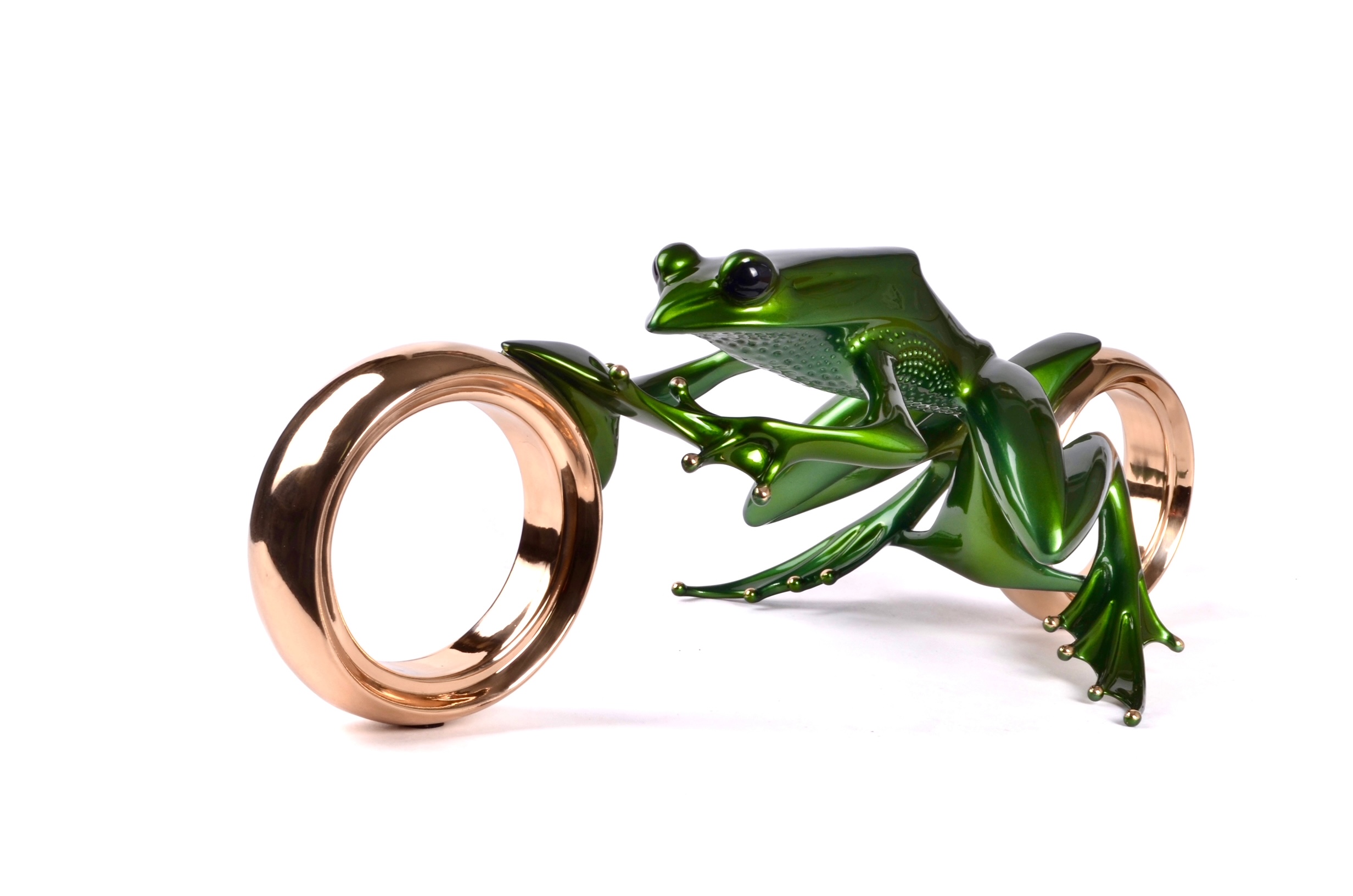 Signed, limited edition bronze frog on bike sculpture by Tim Cotterill