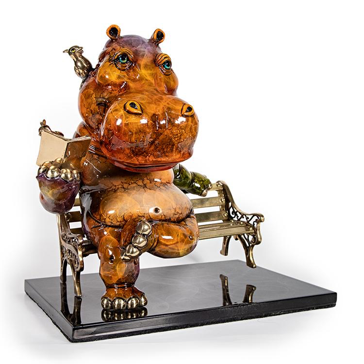 Signed, limited edition bronze hippo on bench sculpture by Carlos & Albert